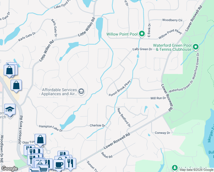 map of restaurants, bars, coffee shops, grocery stores, and more near 5194 Forest Brook Parkway in Marietta