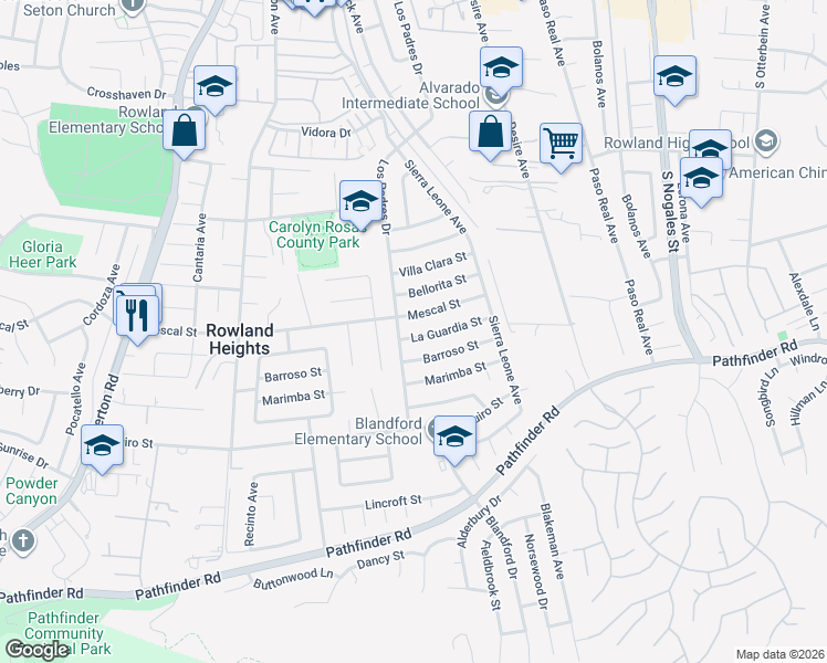 map of restaurants, bars, coffee shops, grocery stores, and more near 18615 La Guardia Street in Rowland Heights