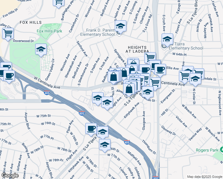 map of restaurants, bars, coffee shops, grocery stores, and more near 7027 Alvern Street in Los Angeles