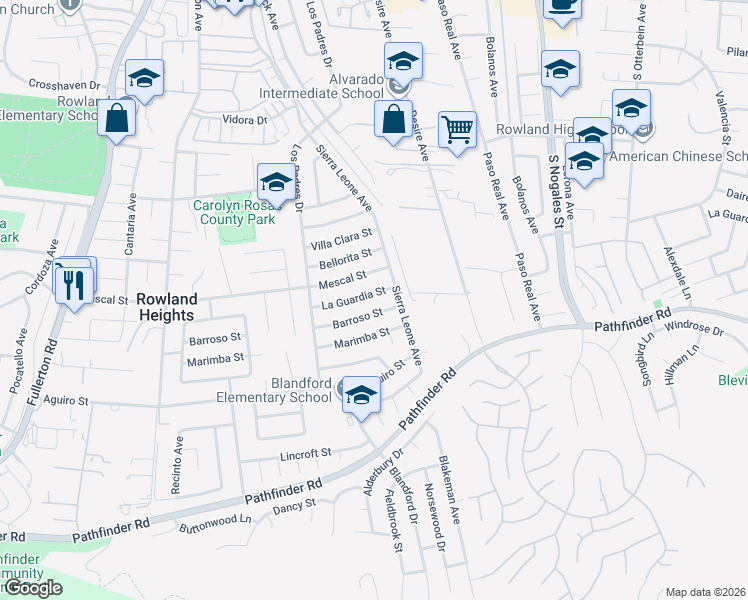map of restaurants, bars, coffee shops, grocery stores, and more near 18726 La Guardia Street in Rowland Heights