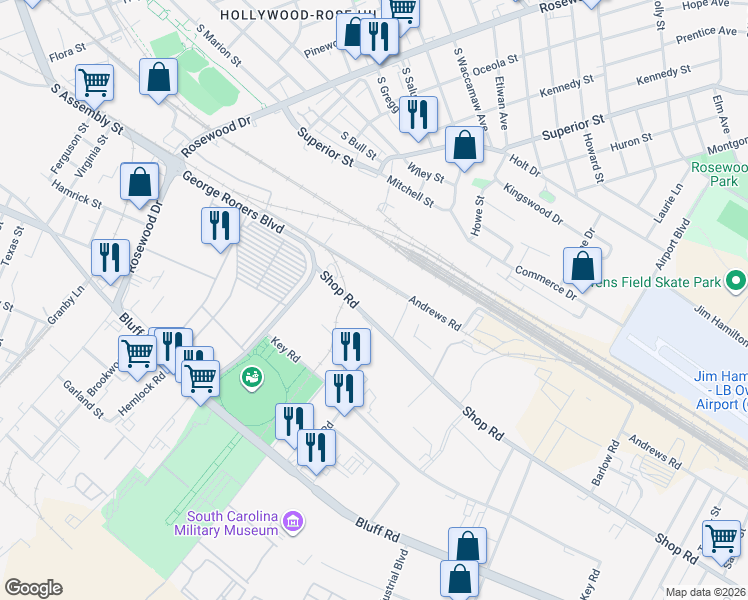 map of restaurants, bars, coffee shops, grocery stores, and more near 1080 Shop Road in Columbia