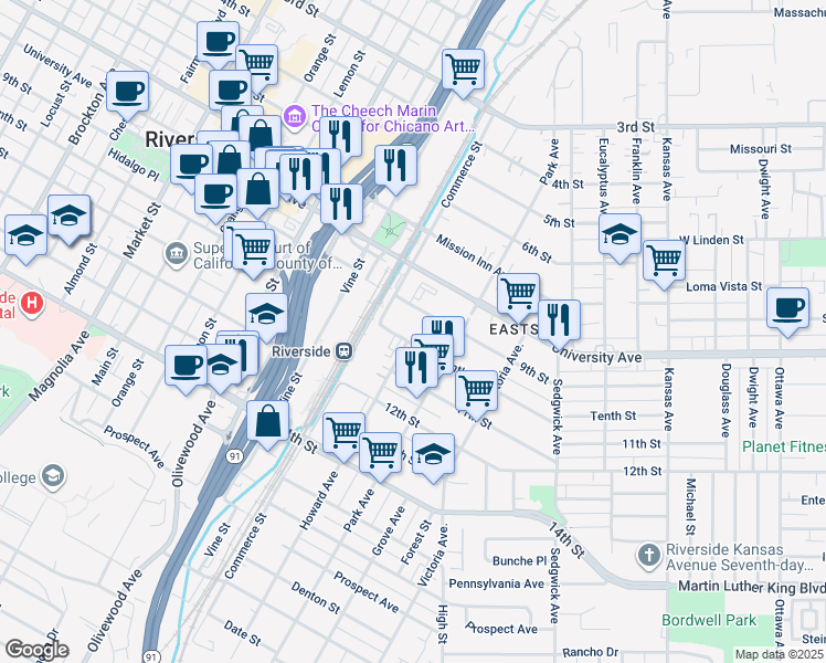 map of restaurants, bars, coffee shops, grocery stores, and more near 2989 Tenth Street in Riverside