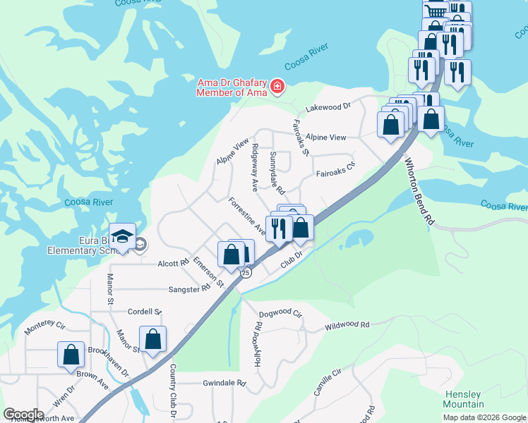 map of restaurants, bars, coffee shops, grocery stores, and more near 128 Ridgeway Avenue in Gadsden