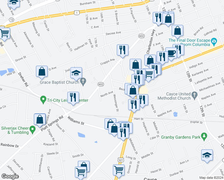 map of restaurants, bars, coffee shops, grocery stores, and more near 528 Wessinger Street in West Columbia
