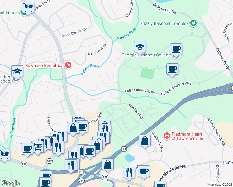 map of restaurants, bars, coffee shops, grocery stores, and more near 944 Tree Creek Boulevard in Lawrenceville