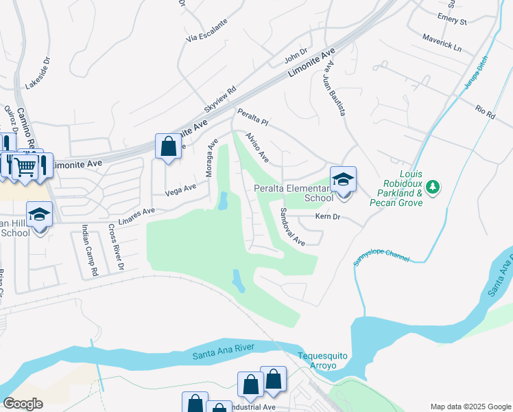 map of restaurants, bars, coffee shops, grocery stores, and more near 6168 Avenue Juan Diaz in Riverside
