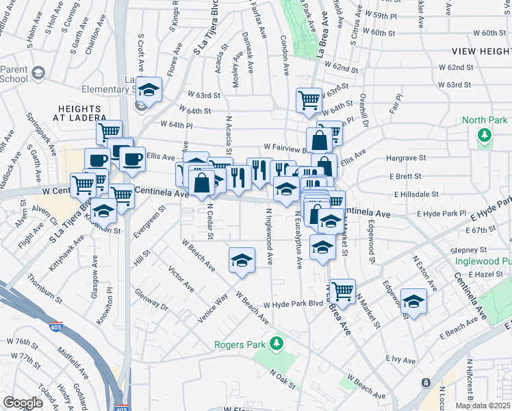 map of restaurants, bars, coffee shops, grocery stores, and more near 1319 Centinela Avenue in Inglewood
