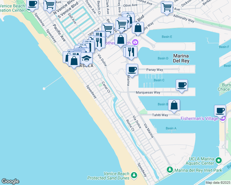 map of restaurants, bars, coffee shops, grocery stores, and more near 3815 Via Dolce in Marina del Rey