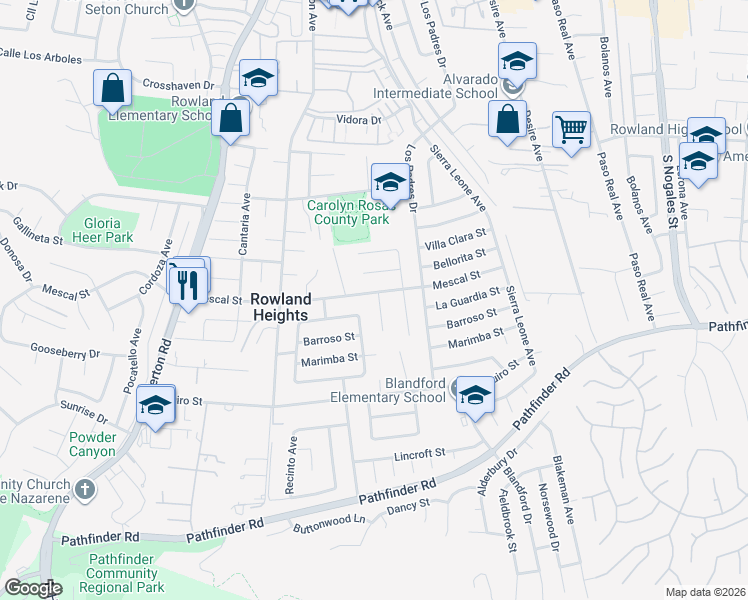 map of restaurants, bars, coffee shops, grocery stores, and more near 18536 Mescal Street in Rowland Heights