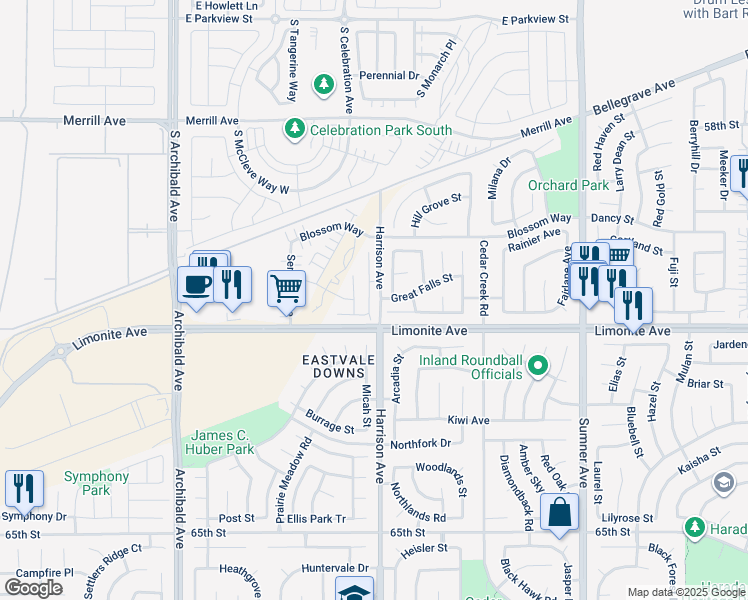 map of restaurants, bars, coffee shops, grocery stores, and more near 6088 El Prado Avenue in Eastvale