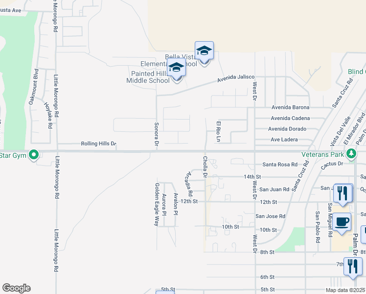 map of restaurants, bars, coffee shops, grocery stores, and more near 65647 Avenue Ladera in Desert Hot Springs