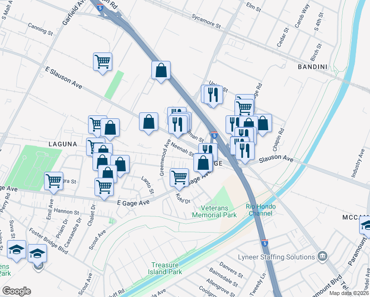 map of restaurants, bars, coffee shops, grocery stores, and more near 7533 Neenah Street in Commerce