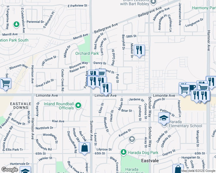 map of restaurants, bars, coffee shops, grocery stores, and more near 6170 Valencia Street in Corona