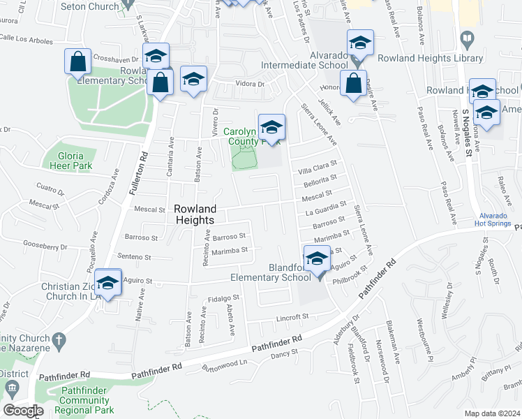 map of restaurants, bars, coffee shops, grocery stores, and more near 18536 Mescal Street in Rowland Heights