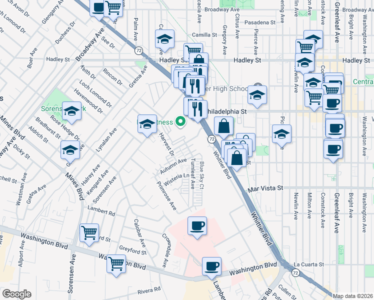 map of restaurants, bars, coffee shops, grocery stores, and more near 12060 Turnleaf Avenue in Whittier