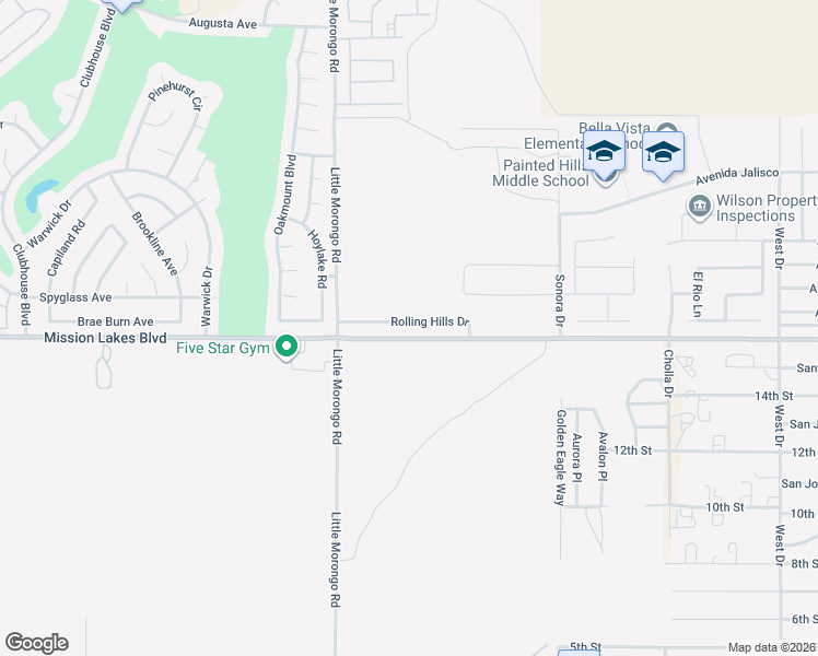 map of restaurants, bars, coffee shops, grocery stores, and more near 65183 Rolling Hills Drive in Desert Hot Springs