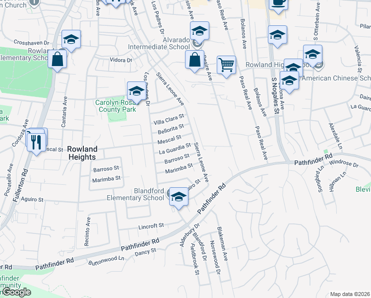 map of restaurants, bars, coffee shops, grocery stores, and more near 18726 La Guardia Street in Rowland Heights