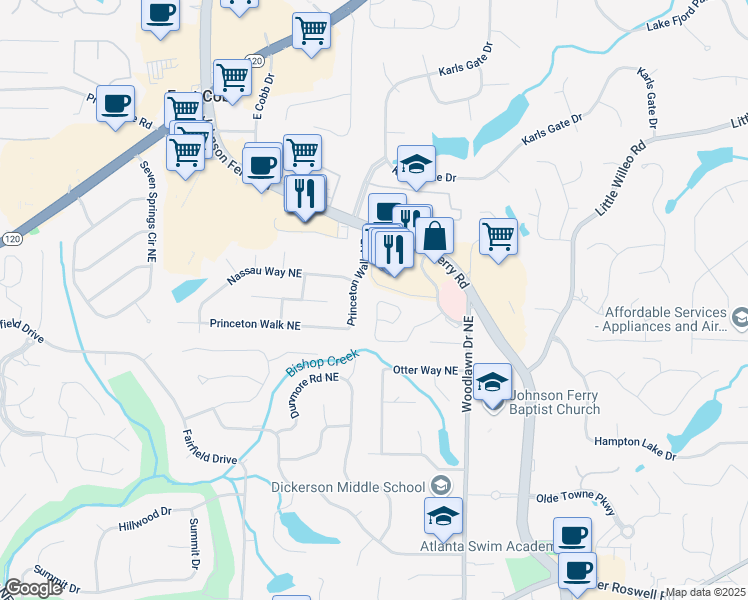 map of restaurants, bars, coffee shops, grocery stores, and more near 4462 Dobbs Crossing in Marietta