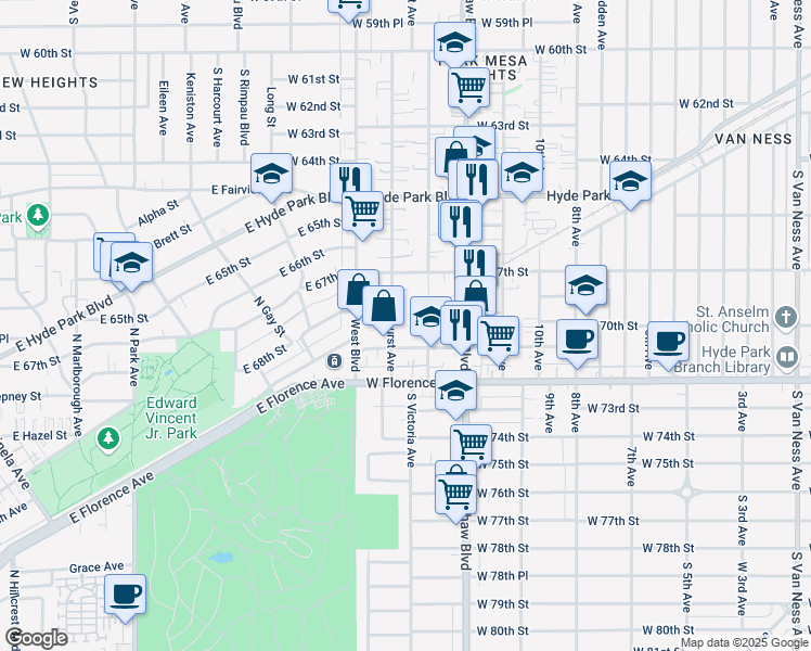 map of restaurants, bars, coffee shops, grocery stores, and more near 6820 Brynhurst Avenue in Los Angeles