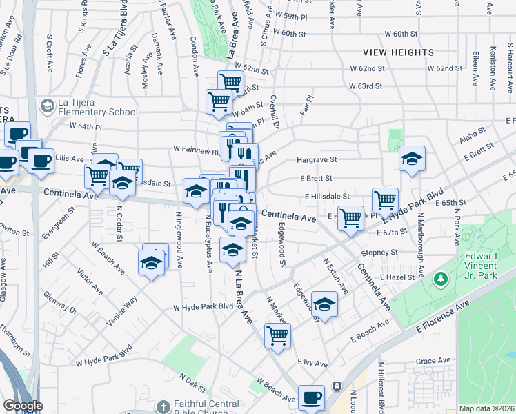 map of restaurants, bars, coffee shops, grocery stores, and more near 934 Centinela Avenue in Inglewood