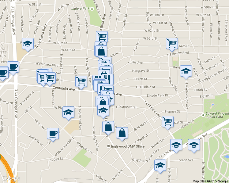map of restaurants, bars, coffee shops, grocery stores, and more near 934 Centinela Avenue in Inglewood
