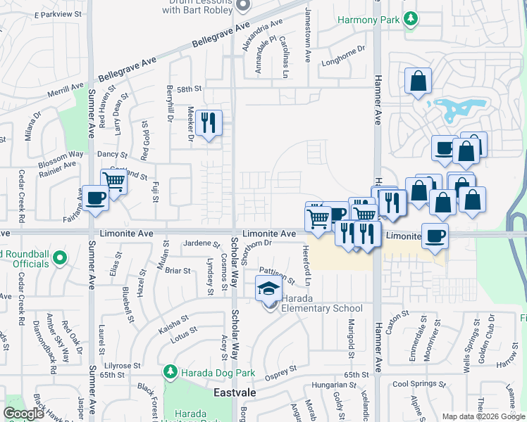 map of restaurants, bars, coffee shops, grocery stores, and more near 6123 Valentina Way in Eastvale