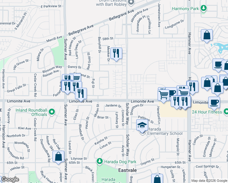 map of restaurants, bars, coffee shops, grocery stores, and more near 6129 Rosewood Way in Corona