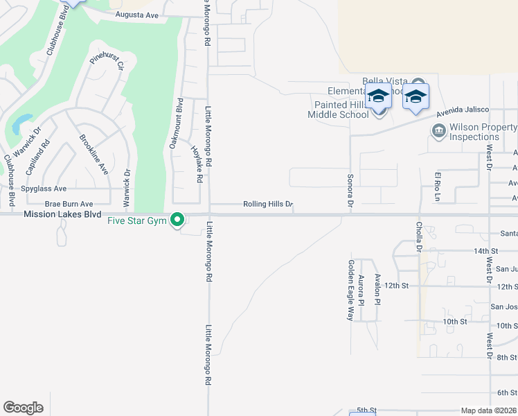 map of restaurants, bars, coffee shops, grocery stores, and more near 65183 Rolling Hills Drive in Desert Hot Springs