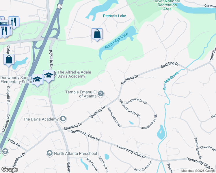 map of restaurants, bars, coffee shops, grocery stores, and more near 8110 Tynecastle Drive in Atlanta