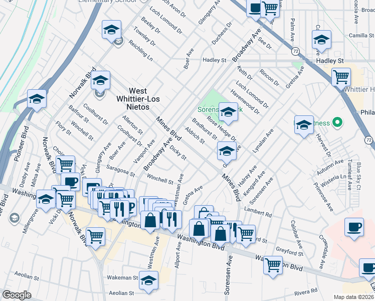 map of restaurants, bars, coffee shops, grocery stores, and more near 11448 Mines Boulevard in Whittier