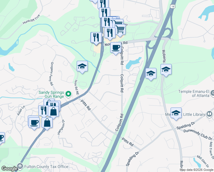map of restaurants, bars, coffee shops, grocery stores, and more near 520 Granite Ridge Place in Atlanta