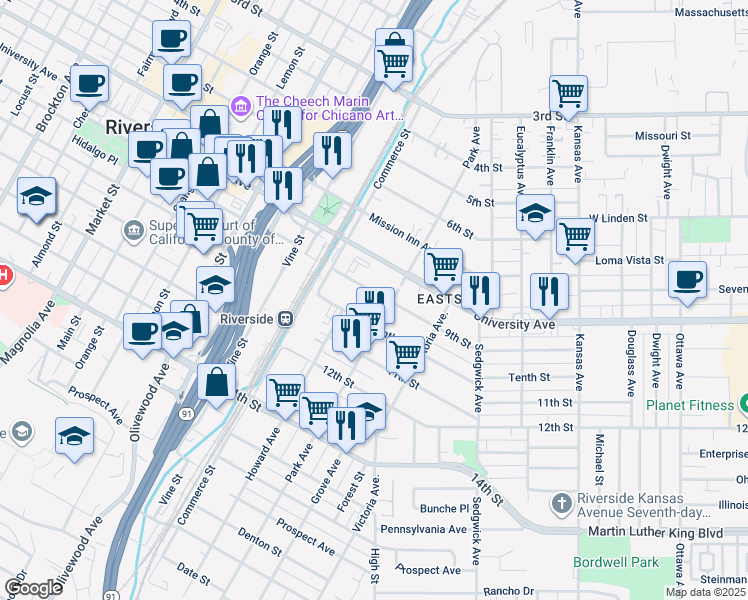 map of restaurants, bars, coffee shops, grocery stores, and more near 2938 9th Street in Riverside