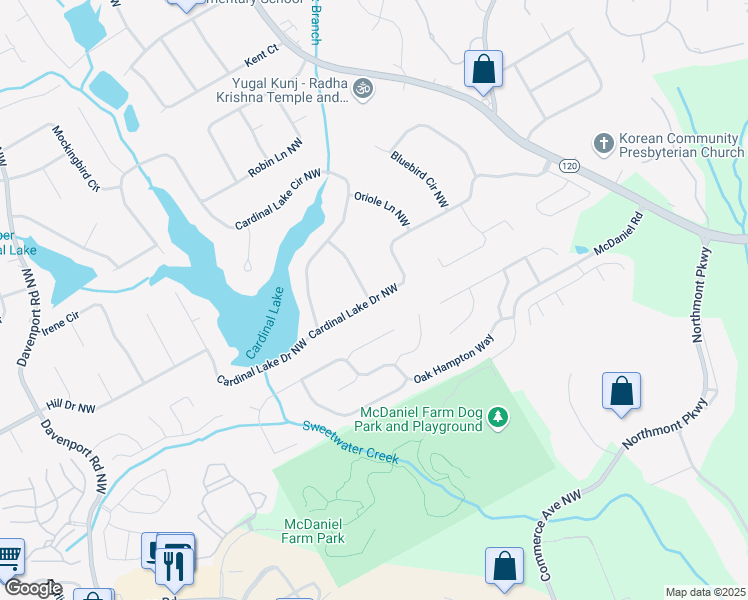 map of restaurants, bars, coffee shops, grocery stores, and more near Cardinal Lake Drive Northwest in Duluth