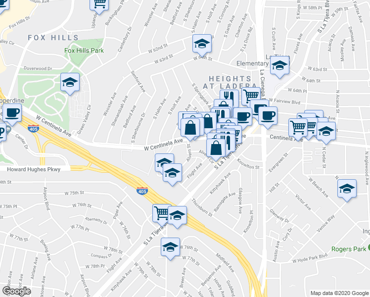 map of restaurants, bars, coffee shops, grocery stores, and more near 7027 Alvern Street in Los Angeles