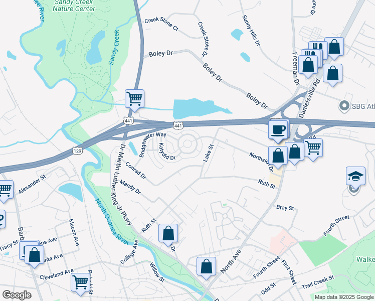 map of restaurants, bars, coffee shops, grocery stores, and more near 337 Bridgewater Circle in Athens