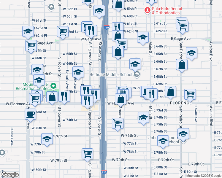 map of restaurants, bars, coffee shops, grocery stores, and more near 336 West 70th Street in Los Angeles