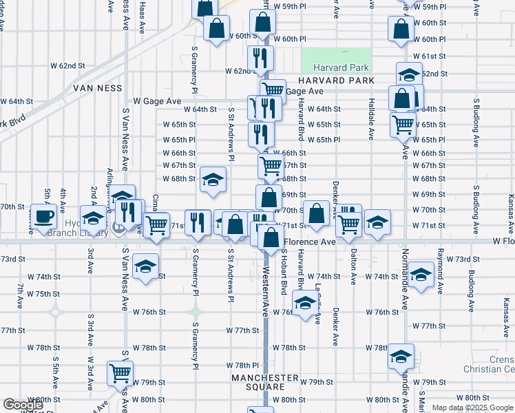 map of restaurants, bars, coffee shops, grocery stores, and more near 1815 West 70th Street in Los Angeles
