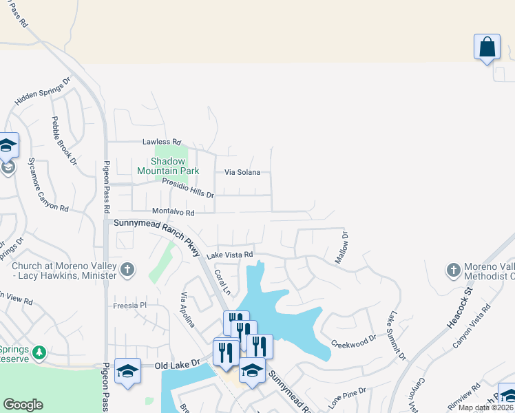 map of restaurants, bars, coffee shops, grocery stores, and more near 23560 Descanso Drive in Moreno Valley