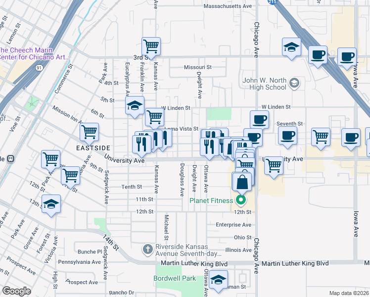 map of restaurants, bars, coffee shops, grocery stores, and more near 223 Dwight Avenue in Riverside