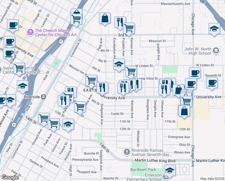map of restaurants, bars, coffee shops, grocery stores, and more near 3746 Comer Avenue in Riverside