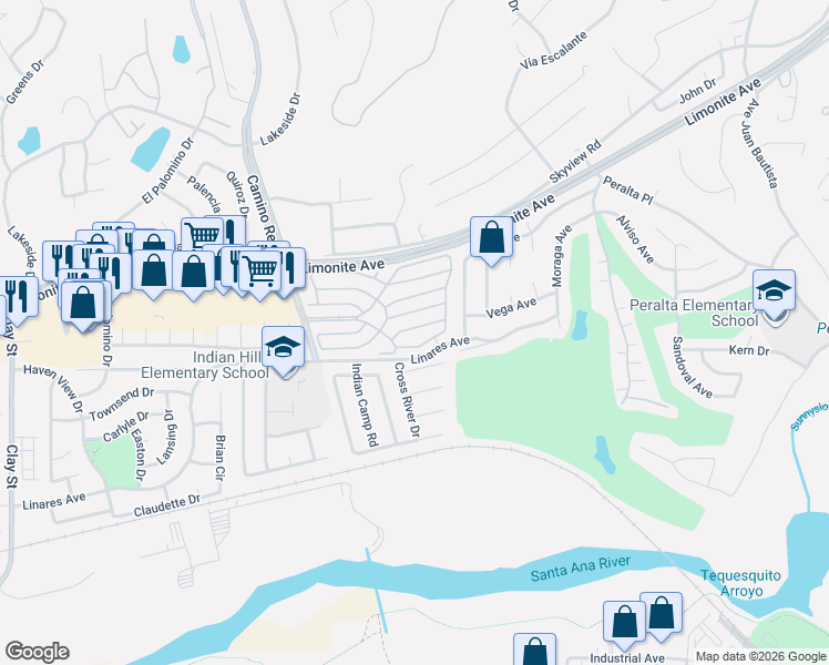 map of restaurants, bars, coffee shops, grocery stores, and more near 6130 Camino Real in Jurupa Valley