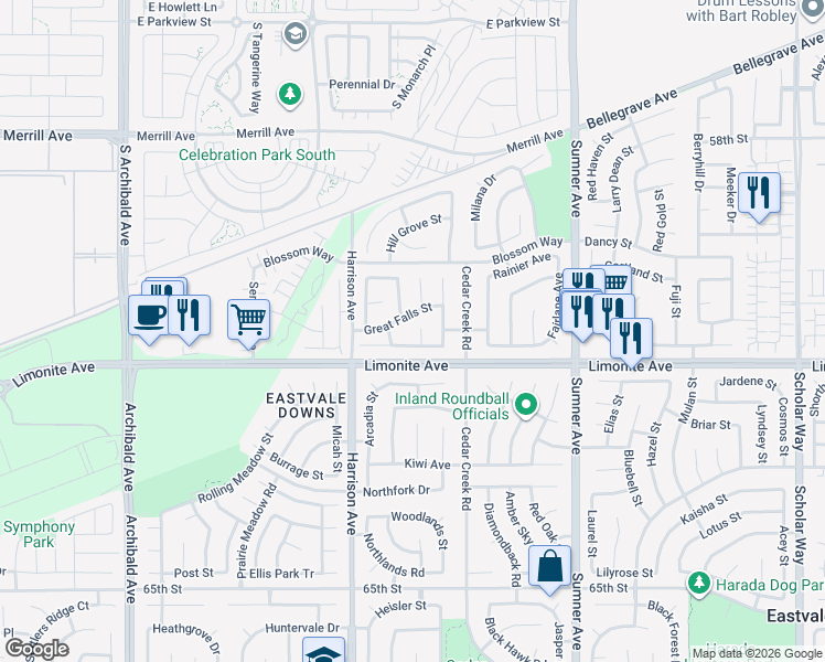 map of restaurants, bars, coffee shops, grocery stores, and more near 6123 Foxpoint Court in Corona