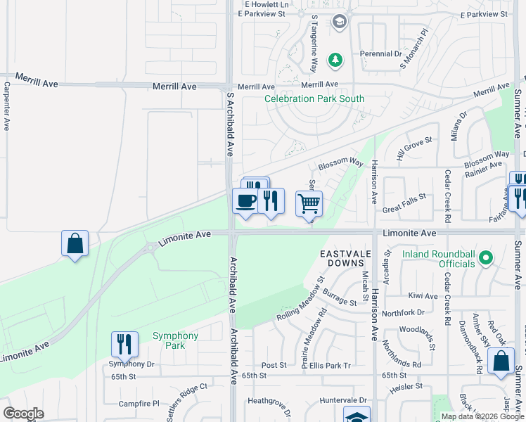 map of restaurants, bars, coffee shops, grocery stores, and more near 14129 The Merge Street in Eastvale