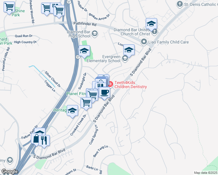 map of restaurants, bars, coffee shops, grocery stores, and more near 2705 South Diamond Bar Boulevard in Diamond Bar