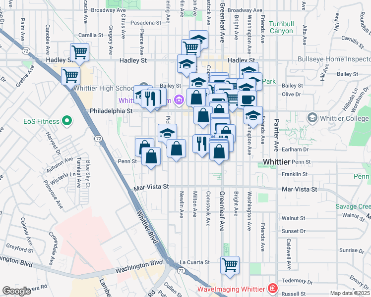 map of restaurants, bars, coffee shops, grocery stores, and more near 7218 Pickering Avenue in Whittier