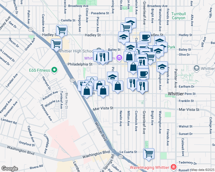 map of restaurants, bars, coffee shops, grocery stores, and more near 7229 Pickering Avenue in Whittier