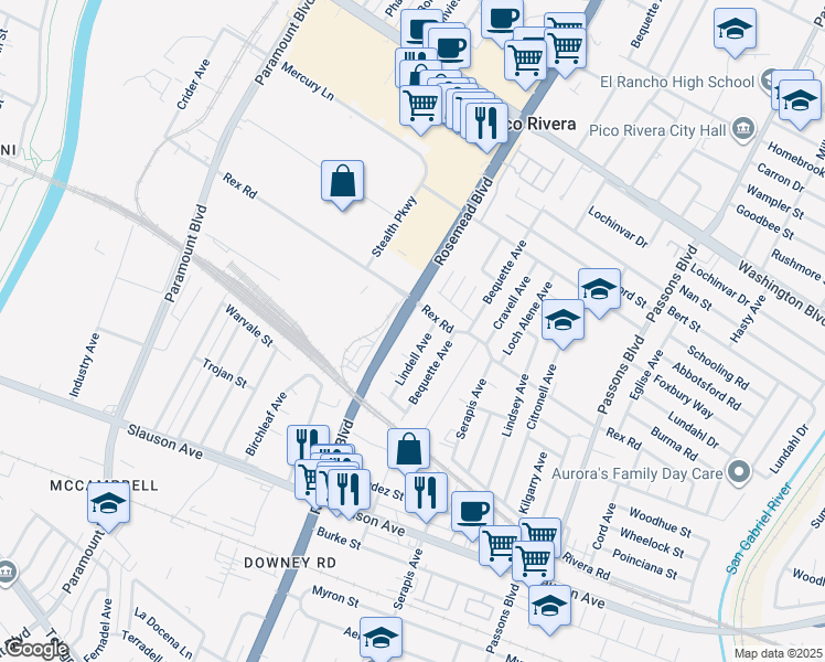 map of restaurants, bars, coffee shops, grocery stores, and more near 7415 Lindell Avenue in Pico Rivera
