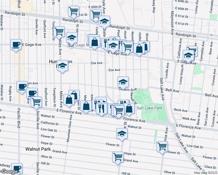 map of restaurants, bars, coffee shops, grocery stores, and more near in Huntington Park