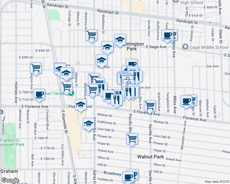 map of restaurants, bars, coffee shops, grocery stores, and more near 6911 Rugby Avenue in Huntington Park