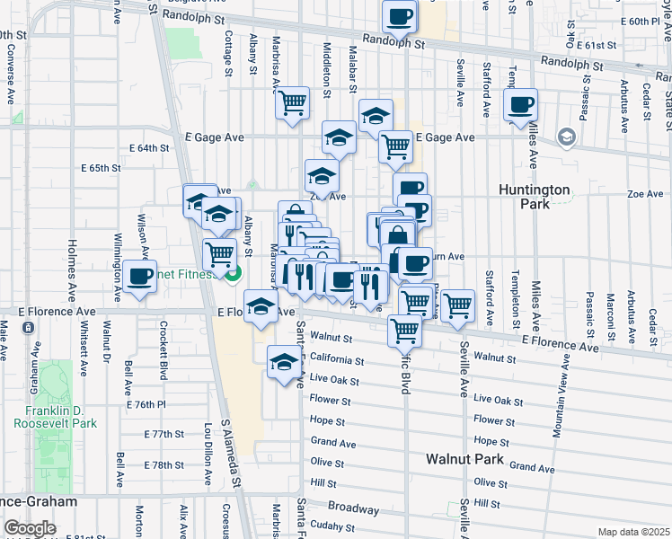 map of restaurants, bars, coffee shops, grocery stores, and more near 6908 Middleton Street in Huntington Park